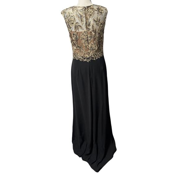 Tadashi Shoji Amel Evening Gown Black & Gold Embroidered Mesh Illusion Size 10 - Picture 4 of 8